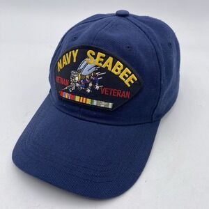 US Navy Seabee Vietnam Veteran Hat Blue Strapback Adjustable Cleaned